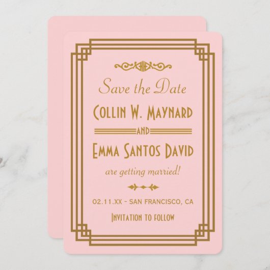 Eenvoudige Roze Art Deco Save The Date Uitnodiging (Voorkant / Achterkant)