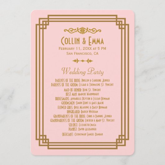 Eenvoudige Roze Art Deco Trouwprogramma's Programmakaart (Voorkant)