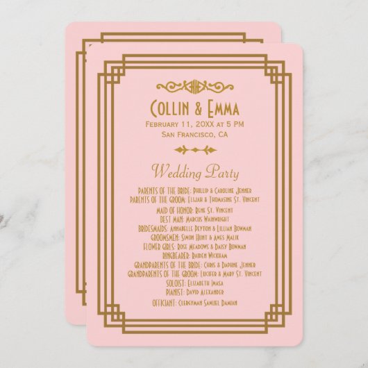 Eenvoudige Roze Art Deco Trouwprogramma's Programmakaart (Voorkant / Achterkant)