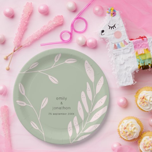 Eenvoudige roze bladeren namen datum salie groen b papieren bordje (Feest)