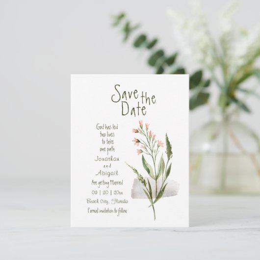 Eenvoudige roze bloemen Christelijke bruiloft Save The Date (Staand voorkant)