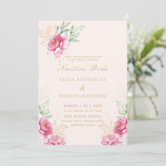 Eenvoudige Roze Bloemen Goud Nuestra Boda Kaart (Staand voorkant)