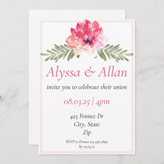 Eenvoudige roze bloemenbruiloft uitnodiging (Voorkant / Achterkant)