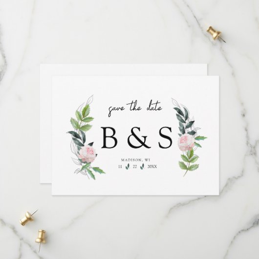 Eenvoudige Roze Bloemige Monogram Save The Date (Voorkant / Achterkant in situ)
