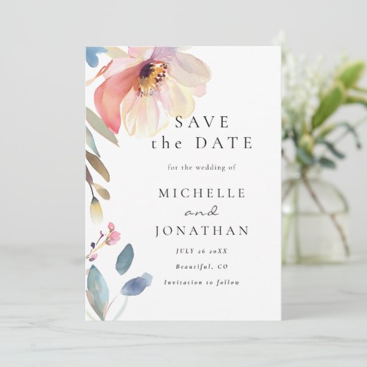 Eenvoudige Roze Blush Bloem Moderne Christelijke B Save The Date (Staand voorkant)