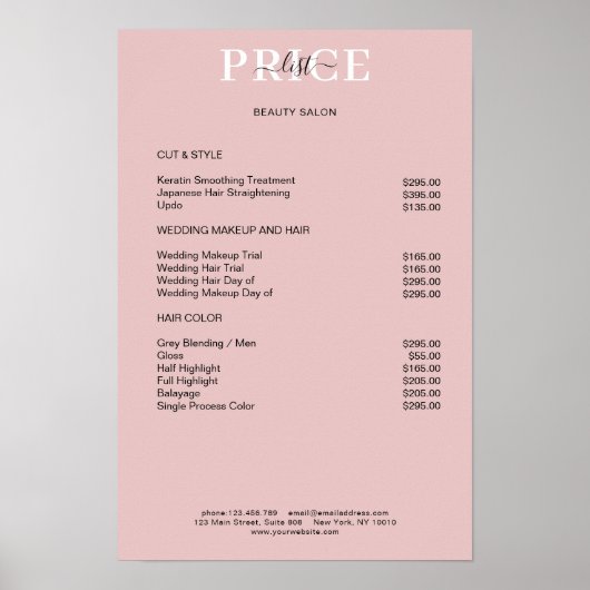 Eenvoudige Roze Blush Prijslijst Poster (Voorkant)