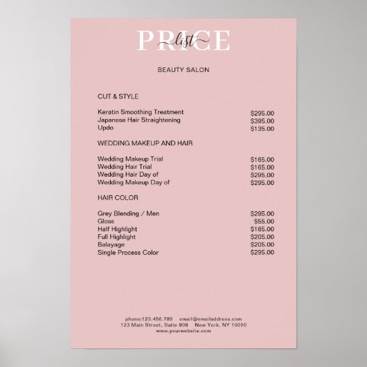 Eenvoudige Roze Blush Prijslijst Poster (Voorkant)