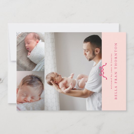 Eenvoudige Roze Bow Foto baby Aankondiging (Achterkant)