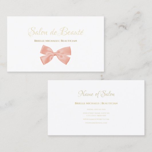 Eenvoudige Roze Bow Gold Script Girly Beauty Salon Visitekaartje (Voorkant / Achterkant)