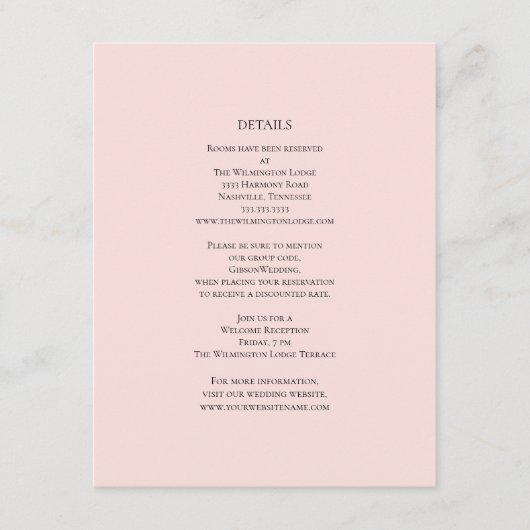 Eenvoudige roze bruiloft details informatiekaartje (Voorkant)