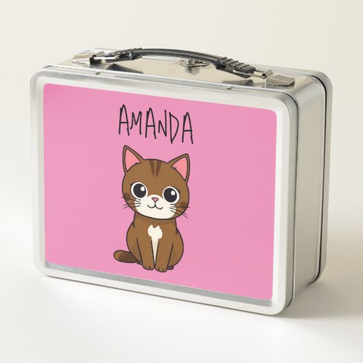 Eenvoudige Roze & Bruine Kat Kinder Naam (Achterkant)