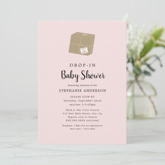 Eenvoudige roze DROP-IN Girl Baby shower Invitatio Kaart (Staand voorkant)