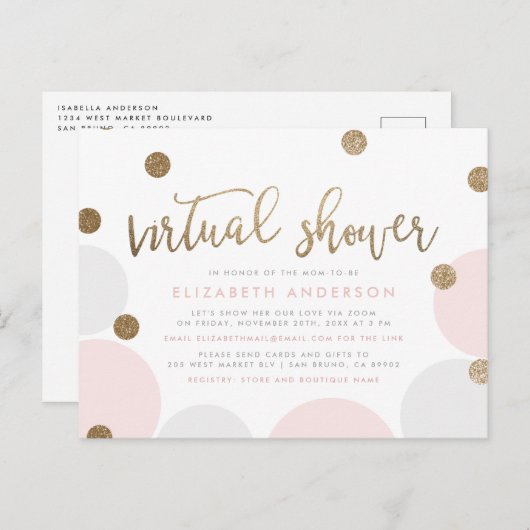 Eenvoudige roze en gouden glitter Confetti Virtual Uitnodiging Briefkaart (Voorkant / Achterkant)