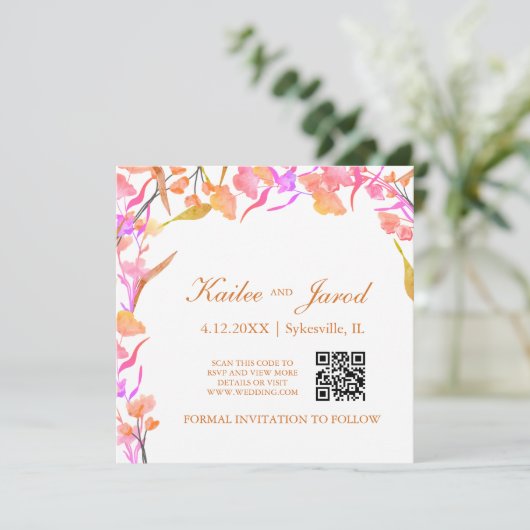 Eenvoudige roze en Oranje Wilde Bloem QR-code Save The Date (Staand voorkant)