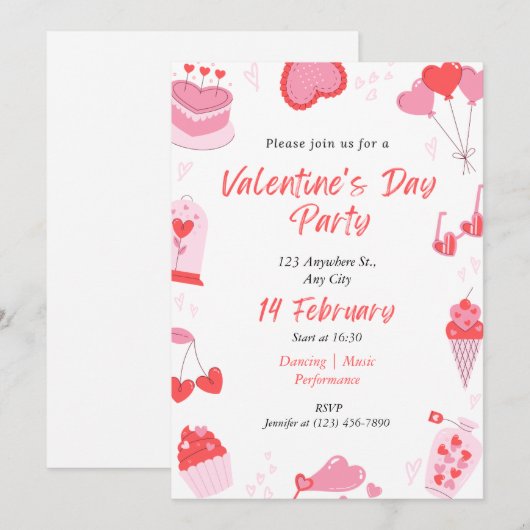 Eenvoudige Roze en Rode Valentijnsdag Uitnodiging (Voorkant / Achterkant)