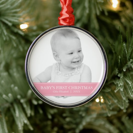 Eenvoudige roze en witte, aangepaste kerstfoto metalen ornament (Boom)