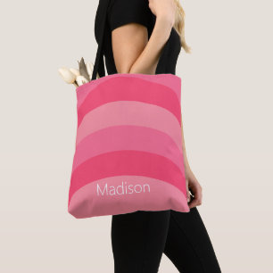 Eenvoudige roze en witte gebogen strepen met naam tote bag