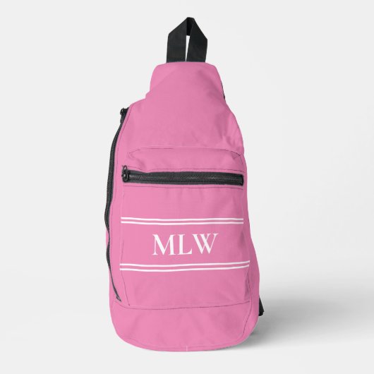 Eenvoudige Roze en Witte Monogram Sjabloon Sling Bag (Voorkant)