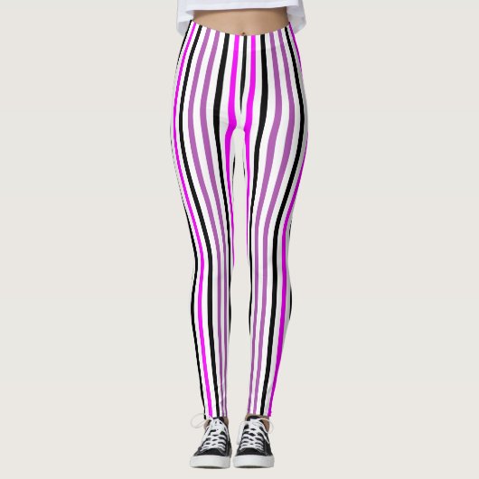 Eenvoudige roze en zwarte verticale strepen op wit leggings (Voorkant)