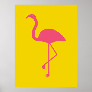 Eenvoudige Roze Flamingo Vogel Silhouet Op Geel Poster