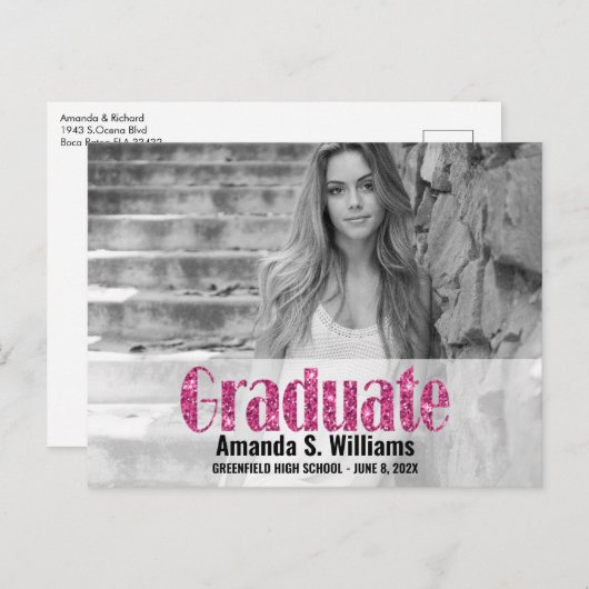Eenvoudige roze foto-Afstuderen bekendmaking Briefkaart (Voorkant / Achterkant)