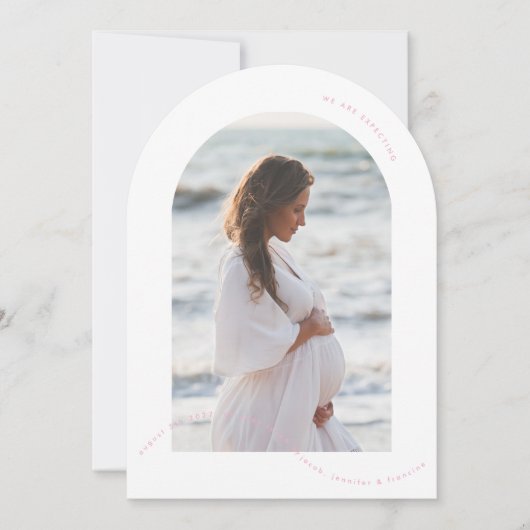 eenvoudige roze fotoboog baby zwangerschap aankond kaart (Voorkant)