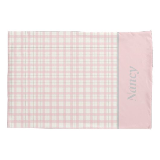 Eenvoudige roze geruite aangepaste naam boerderij kussensloop (Achterkant)