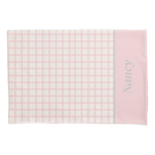 Eenvoudige roze geruite aangepaste naam boerderij kussensloop (Voorkant)