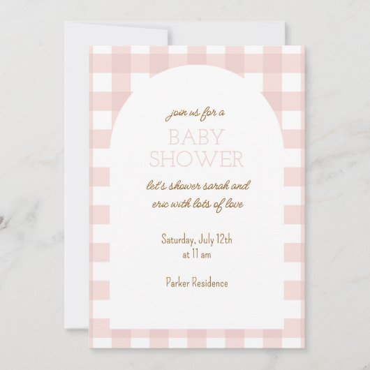Eenvoudige roze geruite babyshower uitnodiging (Voorkant)