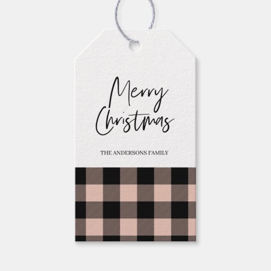 Eenvoudige roze geruite & vrolijke kerstcadeau Lab Cadeaulabel (Voorkant)