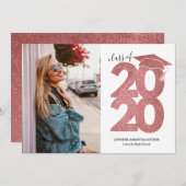 Eenvoudige Roze Glitter Girly Pet Foto Afstuderen Aankondiging (Voorkant / Achterkant)