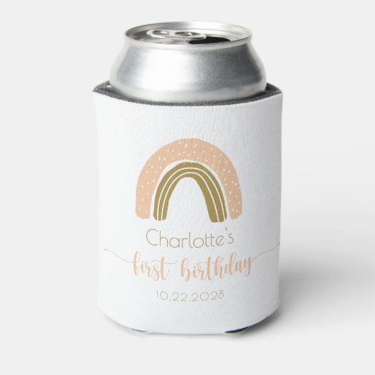 Eenvoudige roze gouden boho regenboogdag eerste ve blikjeskoeler (Blikje Achterkant)