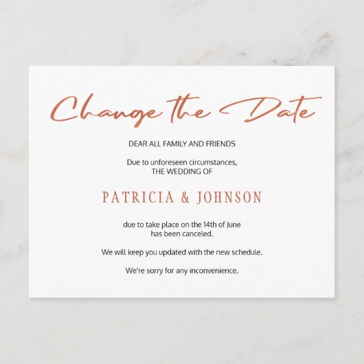 Eenvoudige roze gouden script bruiloft datum wijzi aankondigingskaart (Voorkant)