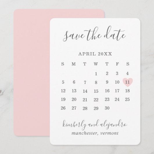 Eenvoudige Roze Hart Kalender Trouwdag Save The Date (Voorkant / Achterkant)