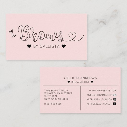 Eenvoudige  roze harten typografie Brows Visitekaartje (Voorkant / Achterkant)