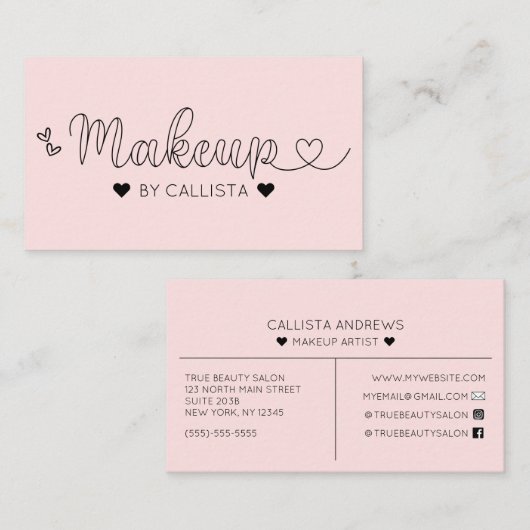 Eenvoudige  roze harten Typografie Makeup Artist Visitekaartje (Voorkant / Achterkant)