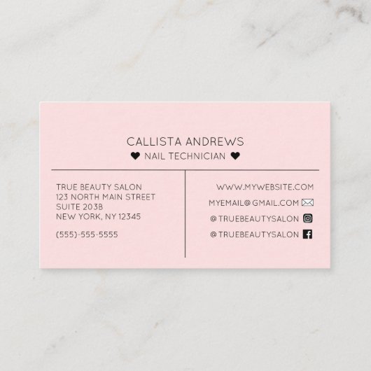 Eenvoudige  Roze Harten Typografie Nail Tech Visitekaartje (Achterkant)
