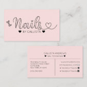 Eenvoudige  Roze Harten Typografie Nail Tech Visitekaartje (Voorkant / Achterkant)