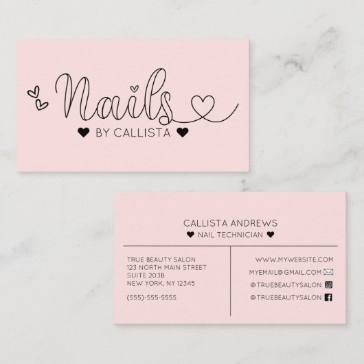 Eenvoudige  Roze Harten Typografie Nail Tech Visitekaartje (Voorkant / Achterkant)