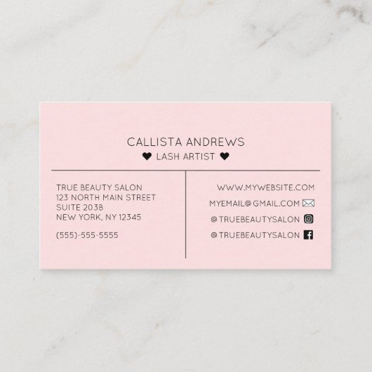 Eenvoudige roze harten typografie wimpers visitekaartje (Achterkant)