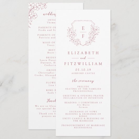 Eenvoudige Roze Kersenbloesem Monogram Huwelijk Programmakaart (Voorkant / Achterkant)