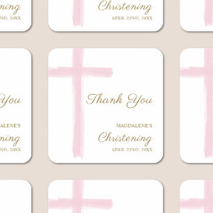 Eenvoudige Roze Kruis Dank Je Wel Doop Vierkante Sticker