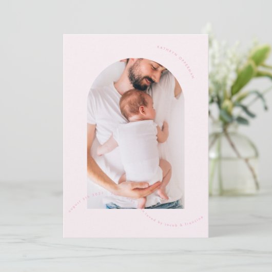 Eenvoudige roze meisje boog foto collage baby gebo aankondiging (Staand voorkant)