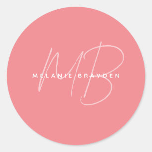 Eenvoudige roze minimalistisch 2 monogram naam ronde sticker