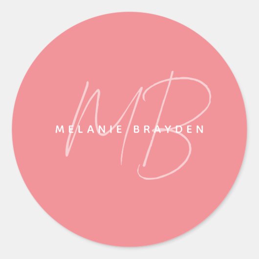 Eenvoudige roze minimalistisch 2 monogram naam ronde sticker (Voorkant)