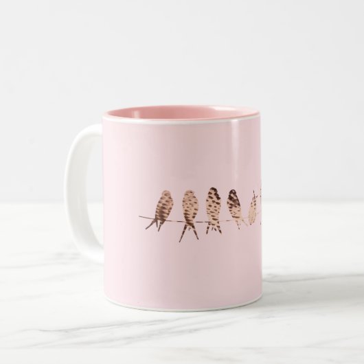 Eenvoudige roze Mok Faux koperen vogels op draadon (Voorkant links)