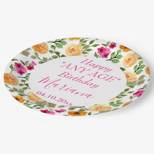 Eenvoudige roze Oranje Floral Birthday Party Papieren Bordje (Gekanteld)