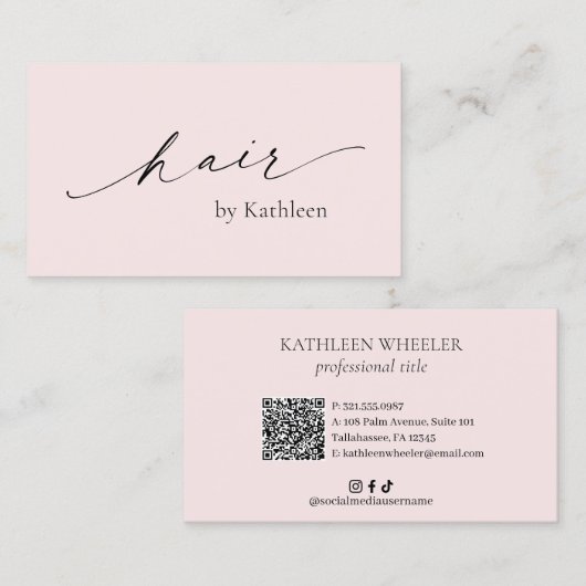 Eenvoudige Roze QR Code Elegante Haar Stylist Mode Visitekaartje (Voorkant / Achterkant)