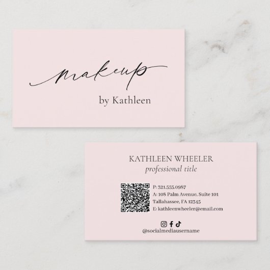 Eenvoudige Roze QR Code Elegante Make-up Artiest M Visitekaartje (Voorkant / Achterkant)
