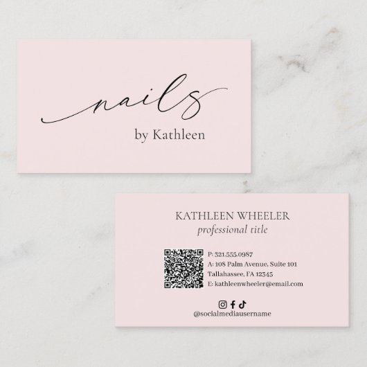Eenvoudige Roze QR Code Elegante Nagelsalon Modern Visitekaartje (Voorkant / Achterkant)